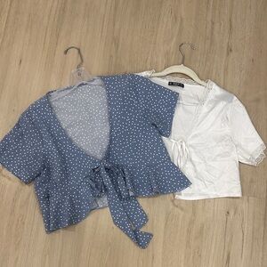 Elegant Women's Blue Polka Dot and White Blouse Set